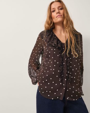 Mackie sheer polka dot ruffle blouse brown