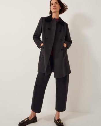 Lottie velvet trim double breasted coat black