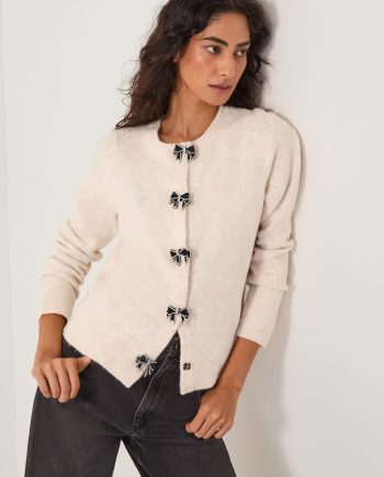 Bee embellished bow cardigan ivory