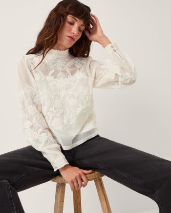 Leni high neck embroidered mesh blouse ivory