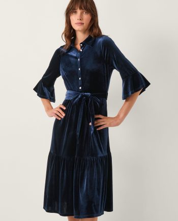 Tanya stretch velvet midi shirt dress blue