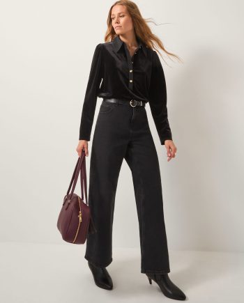 Clay Collar Stretch Velvet Blouse Black