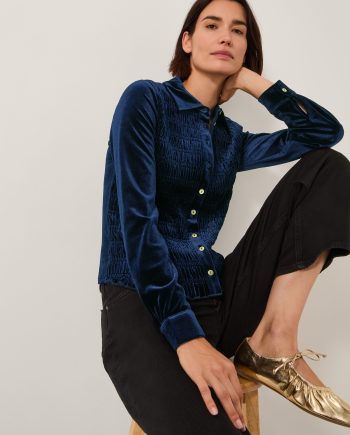 Sam smocked stretch velvet shirt blue