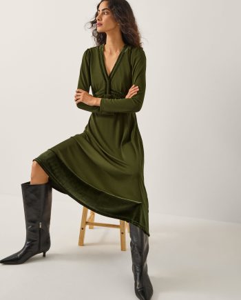 Viv velvet trim long sleeve midi dress green
