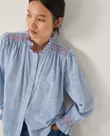 Maeve Ruffle Stripe Shirt Blue