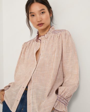 Maeve Ruffle Stripe Shirt Camel