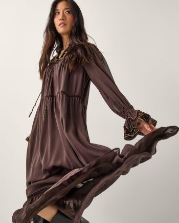 Nova Embroidered Yoke Chiffon Maxi Dress Brown