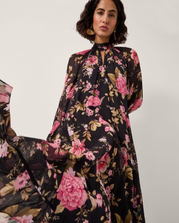 Mariel floral print trapeze midi dress black