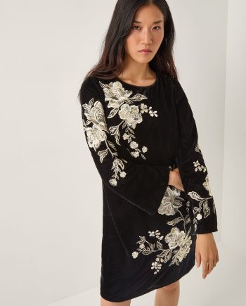 Fia floral embroidered velvet tunic dress black