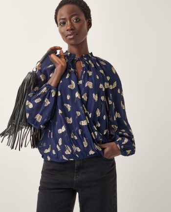 Angela leaf print wrap blouse blue