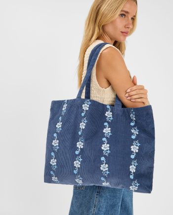 FLORAL EMBROIDERED CORD SHOPPER BAG