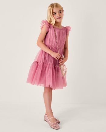 Charlize flutter sleeve tulle dress pink
