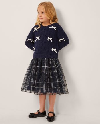 Bow knit 2-in-1 check dress blue