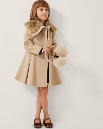Fluffy leopard collar swing coat camel
