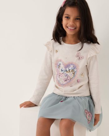 Sequin Heart Butterfly Long Sleeve Top Ivory