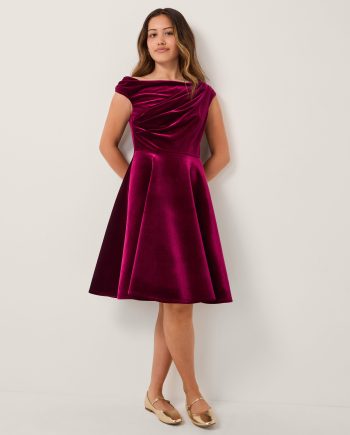 One shoulder drape velvet party dess red