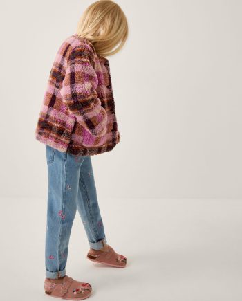 Check print faux shearling jacket pink