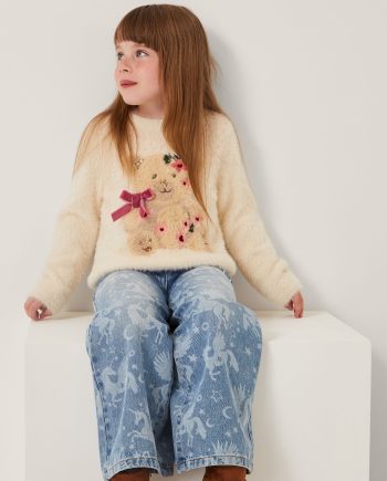 Bear Embellished Fuzzy Jumper Ivory