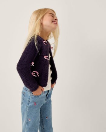 Bow embellished fuzzy cardigan blue