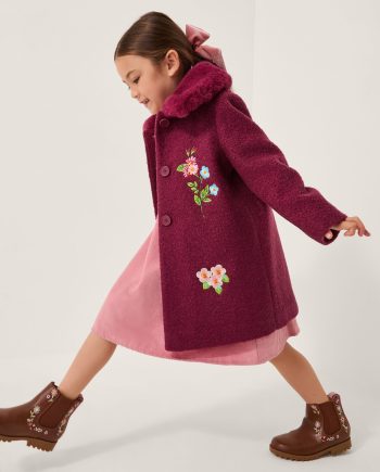 Floral embroidered boucle coat red