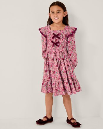 Floral long sleeve bow dress pink