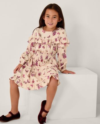 Butterfly Floral Frill Dress Ivory