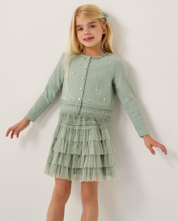 Embellished Cardigan & Mesh Tiered Skirt Set Green
