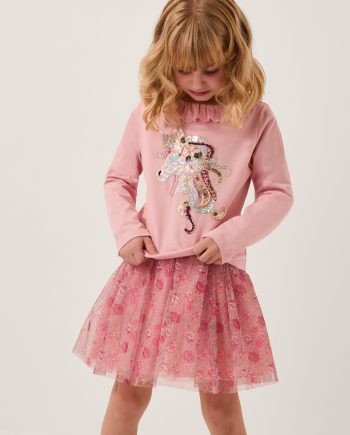 Sequin Unicorn Top & Floral Mesh Skirt Set Pink