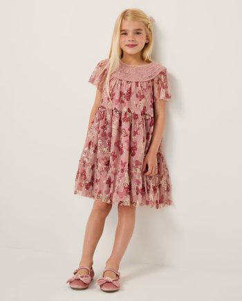Butterfly foil print party dress pink