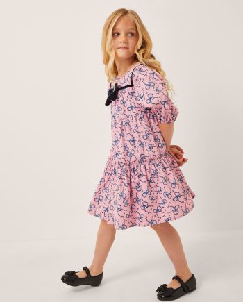 Bow print tiered dress pink