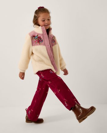 Floral embroidered faux shearling jacket ivory