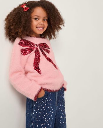 Sequin bow fuzzy jumper pink