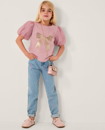 Sequin bow puff sleeve t-shirt purple