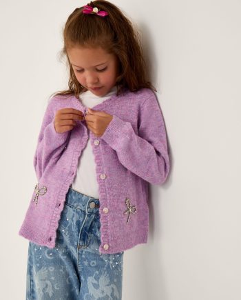 Rhinestone bow embellished cardigan purple