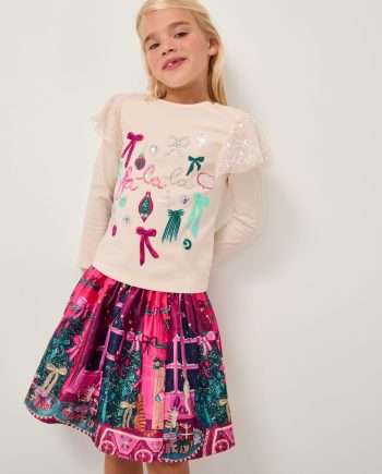Christmas Scene Satin Skirt Pink