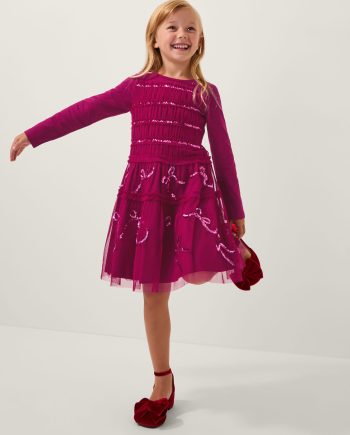 Bow Embellished Jersey Tulle Dress Red