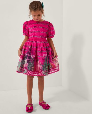 Christmas Scene Bow Puff Sleeve Dress Pink