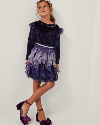 Cosmic velour long sleeve disco dress blue