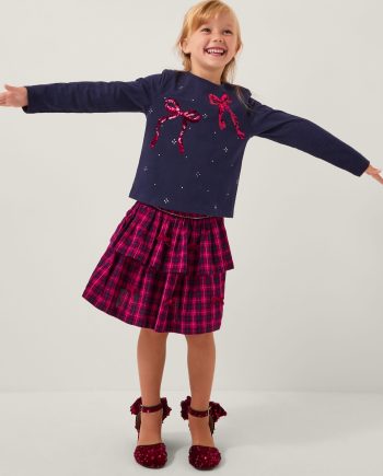Bow Embellished Top & Tartan Skirt Set Red