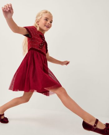 Diamanté Bow Tweed Party Dress Red