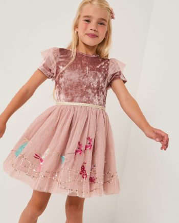 Christmas scene velvet disco dress pink
