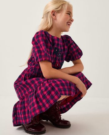 Floral Tartan Puff Sleeve Dress Red