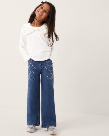 Heat seal jewel wide leg jeans blue
