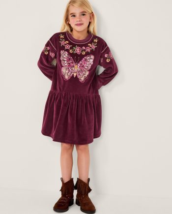 Butterfly Embellished Velour Dress Red