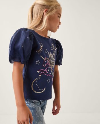 Unicorn embellished puff sleeve t-shirt blue