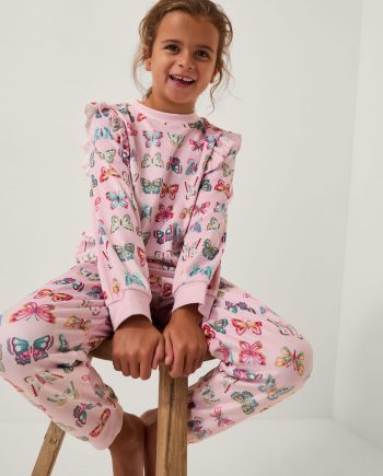 Butterfly print long pyjamas set pink
