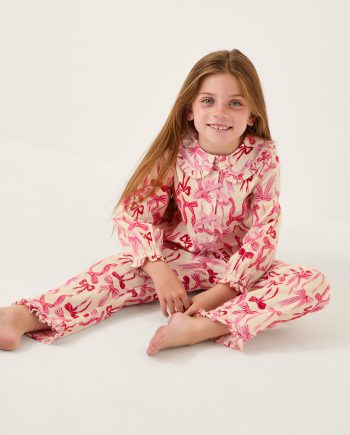 Bow print long pyjama set cream