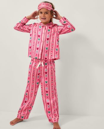 Bow print satin long pyjamas & sleep mask set pink