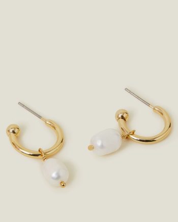 14CT GOLD-PLATED PEARL DROP HOOP EARRINGS