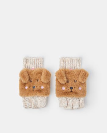 GIRLS DOG FINGERLESS GLOVES WITH MITTENS TAN